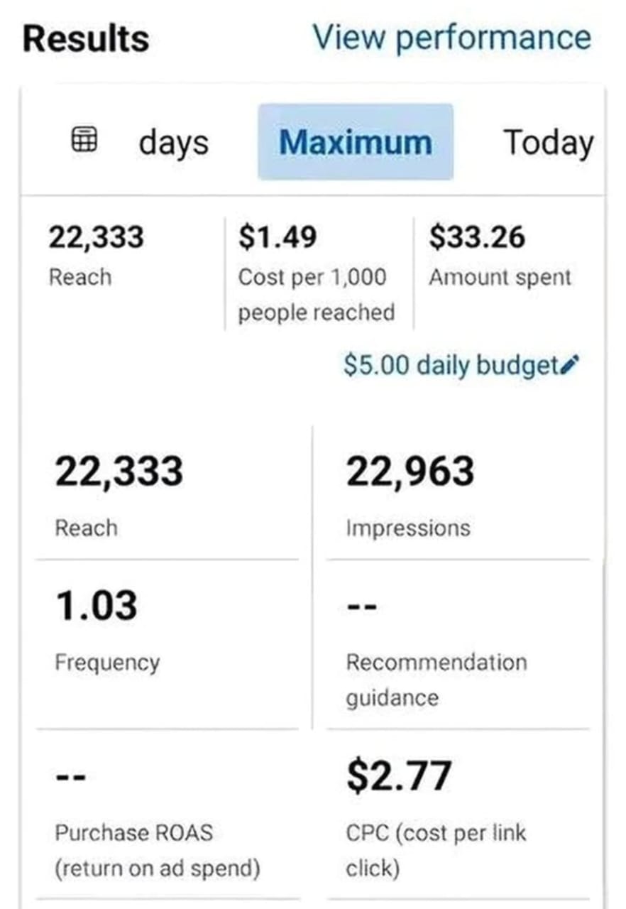 Paid ads — $1.49 CPM, 22.3K reach at $33 spend